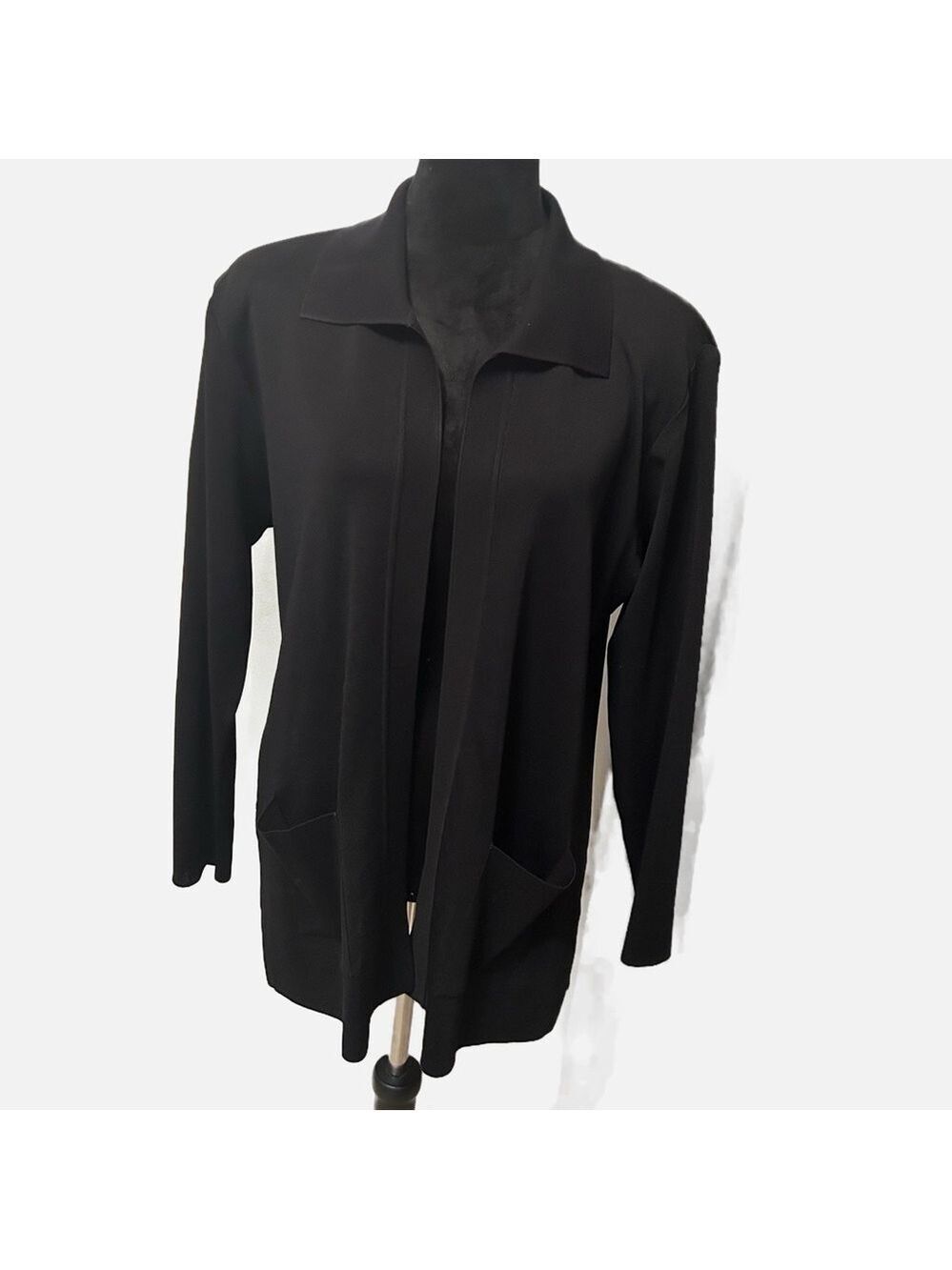 Exclusively Misook Women’s Open Front Cardigan Black Med Pockets Minimalist